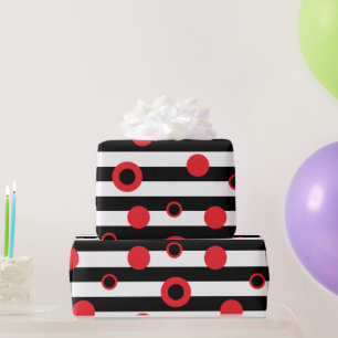 Papier Cadeau Bandes noires et blanches et cercles rouges motif