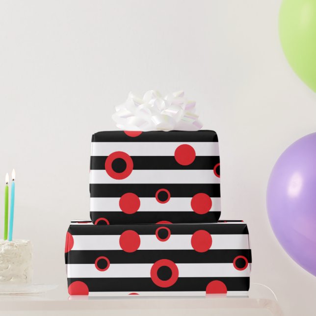 Papier Cadeau Bandes noires et blanches et cercles rouges motif (Cadeaux de fête)