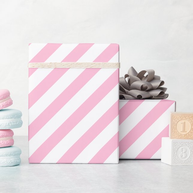 Papier Cadeau Bandes roses et blanches Texte doré Noël Anniversa (Pink White Stripes Gold Text Christmas Birthday Wrapping Paper)
