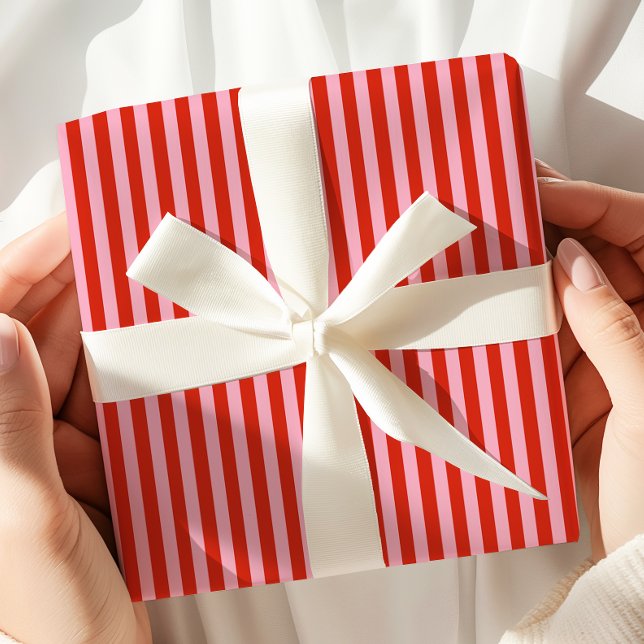 Papier Cadeau Bandes roses rouges rétro (Créateur téléchargé)