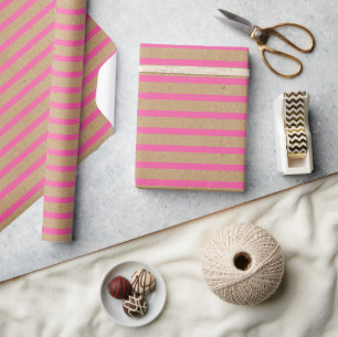 Papier Cadeau Bandes roses vives chaudes estivales Faux Kraft br
