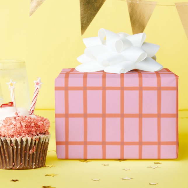 Papier Cadeau Bandes rouges rétro en rose (Fête d'anniversaire)