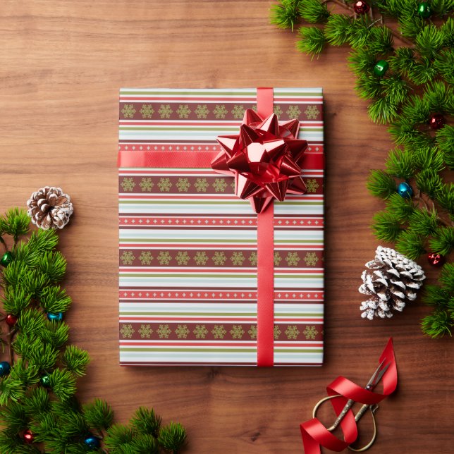 Papier Cadeau bandes vert rouge mignonne avec des flocons de nei (Cadeau de vacances)