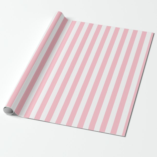 Papier Cadeau Bandes verticales de taille moyenne rose et blanch (Déroulé)