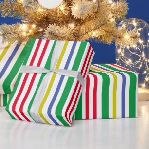 Papier Cadeau Bandes verticales festives vert rouge or bleu