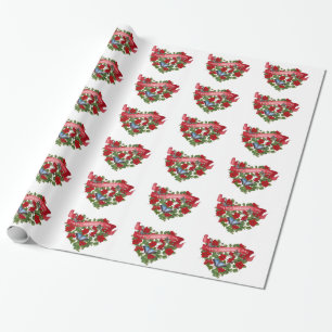 Papier Cadeau bannière valentine pétunias rouges et coeur papill