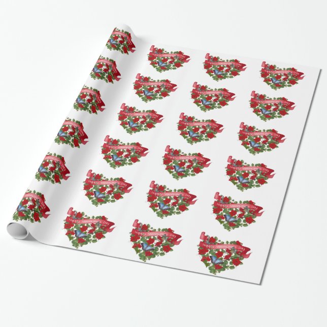 Papier Cadeau bannière valentine pétunias rouges et coeur papill (Déroulé)