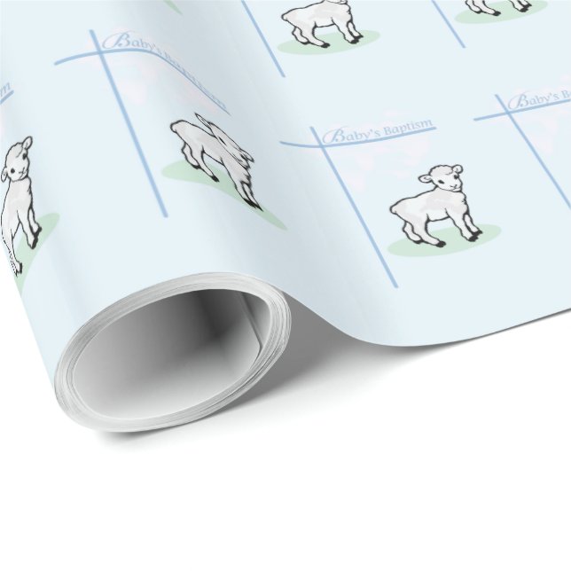 Papier Cadeau Baptême Agneau de garçon bleu, personnalisable (Coin rond)