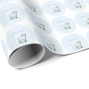 Papier Cadeau Baptême Agneau de garçon bleu, personnalisable