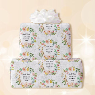 Papier Cadeau Baptême Ajouter Nom & Date Cross Dove Flora Wreath