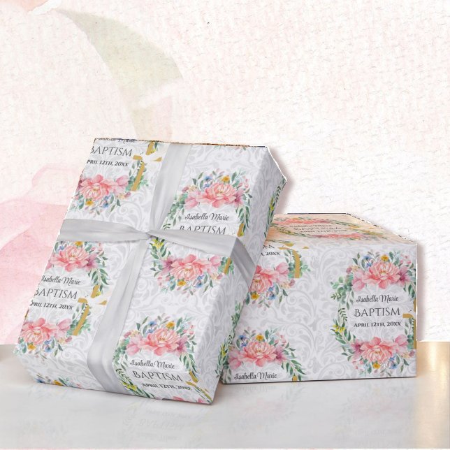 Papier Cadeau Baptême Ajouter Nom & Date Cross Dove Flowers (Créateur téléchargé)