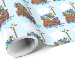 Papier Cadeau Baptême de l'Arche de Noé, Garçon Bleu