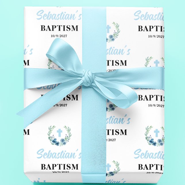 Papier Cadeau Baptême floral garçon bleu (Créateur téléchargé)