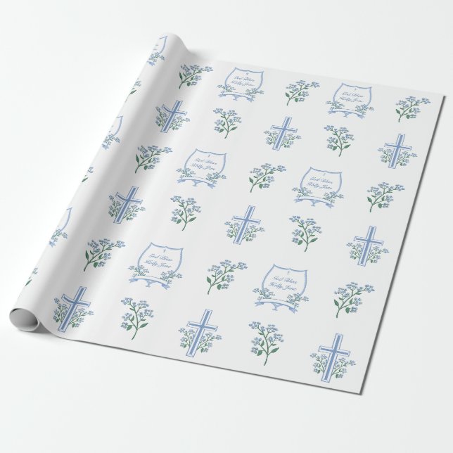 Papier Cadeau Baptême personnalisé Première communion Croix flor (Déroulé)