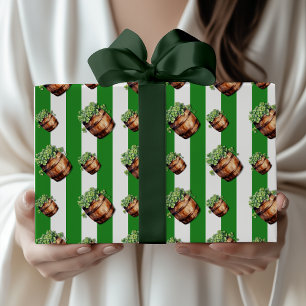 Papier Cadeau Baril de trèfle rayé vintage vert forêt 