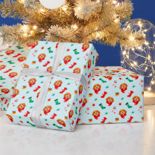 Papier Cadeau Bas de Noël Chien Basset Cloches Houx