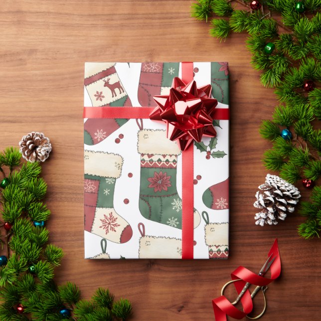 Papier Cadeau Bas de Noël patchwork rouge vert blanc (Cadeau de vacances)