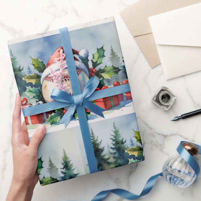 Papier Cadeau Baseball Christmas themed with Santa Hat  (Cadeaux)
