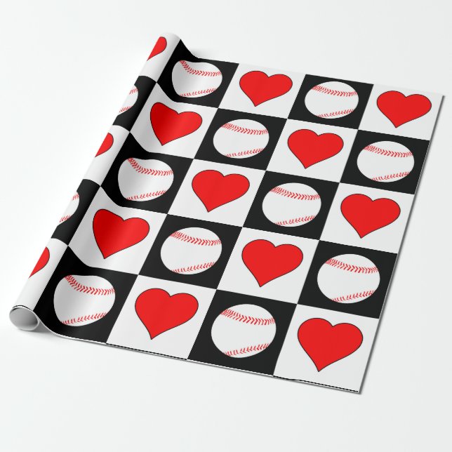 Papier Cadeau Baseball & Coeurs Motif Baseball Joueur Sports (Déroulé)