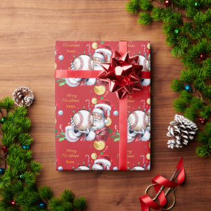 Papier Cadeau Baseball pour Noël avec chapeau de Père Noël 