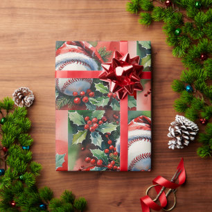 Papier Cadeau Baseball thème de Noël avec chapeau de Père Noël