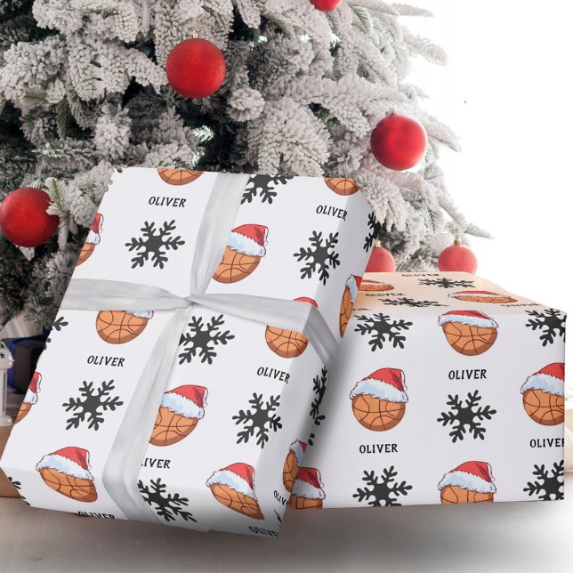 Papier Cadeau Basket-ball avec le Santa Hat rouge Nom du flocon  (Créateur téléchargé)