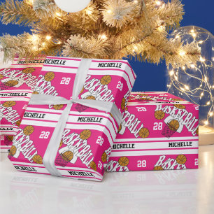 Papier Cadeau Basket-ball Hot Rose & White Strips