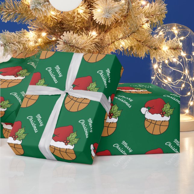 Papier Cadeau Basket-ball Santa Hat sur Green Arrière - plan (Vacances)