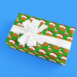 Papier Cadeau Basketball portant le chapeau du Père Noël et floc