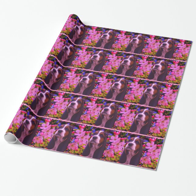 Papier Cadeau Basset Hound Chien Imaginaire Fleurs de Chien (Déroulé)