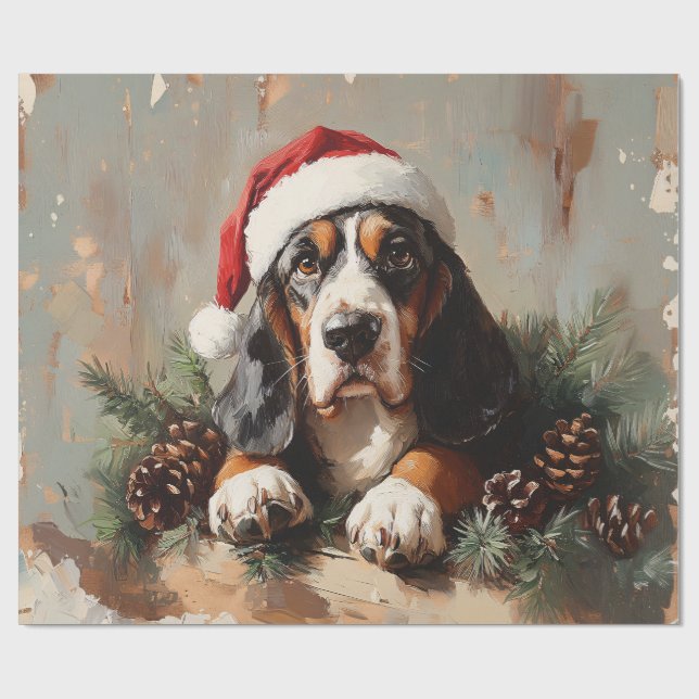 Papier Cadeau Basset Hound dans une peinture à l'huile de chapea (Plat)