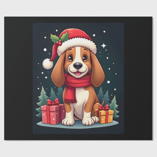 Papier Cadeau Basset Hound Dog Christmas Outfits Santa Hat Dog X (Plat)