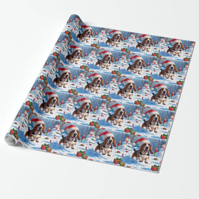 Papier Cadeau Basset Hound Festive de Noël Scène de neige (Déroulé)