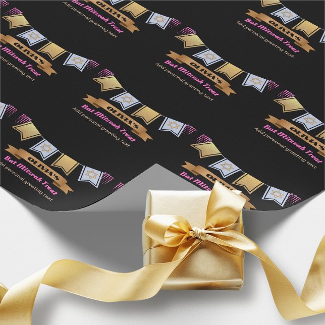 Papier Cadeau Bat mitzvah personnalisé Noir Rose Or (Créateur téléchargé)
