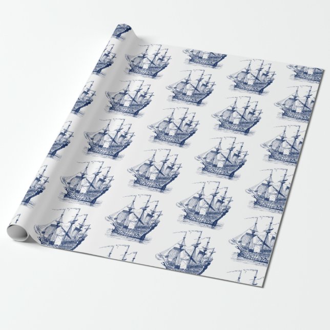Papier Cadeau Bateau à voile bleu marine 2 Motif Tissu Papier (Déroulé)