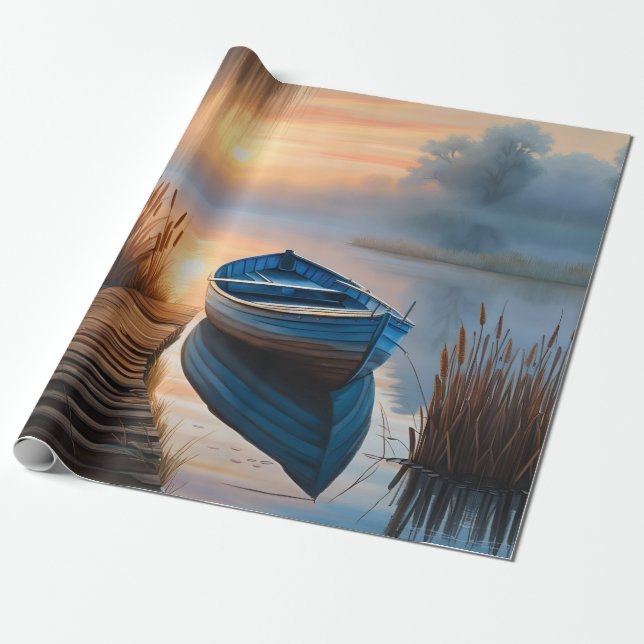 Papier Cadeau Bateau bleu rustique Matin Sky réflexion (Déroulé)