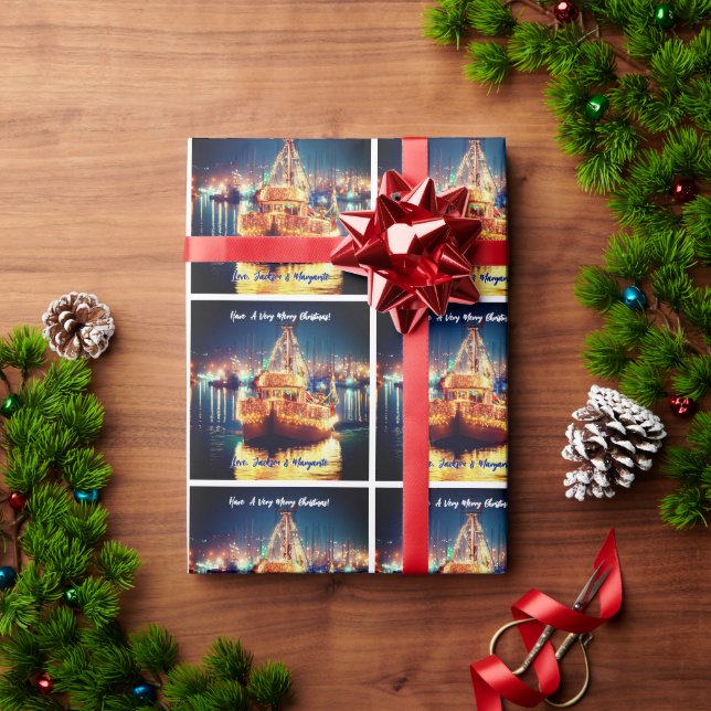 Papier Cadeau Bateau De Noël Aux Lumières D'Or (Cadeau de vacances)