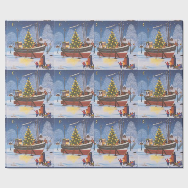 Papier Cadeau Bateau de Noël dans la neige (Couture)