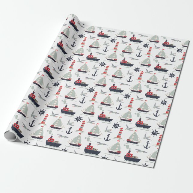 Papier Cadeau Bateau nautique Voilier Bébé Garçon Douche Party (Déroulé)