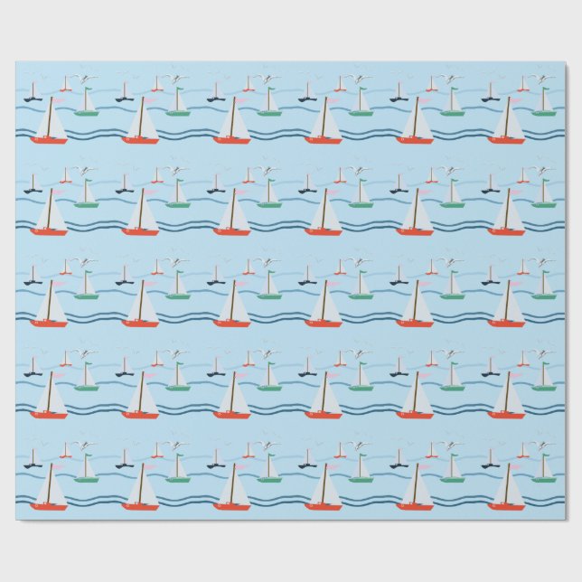 Papier Cadeau Bateaux à voile, mouettes, vagues de l'océan (Plat)