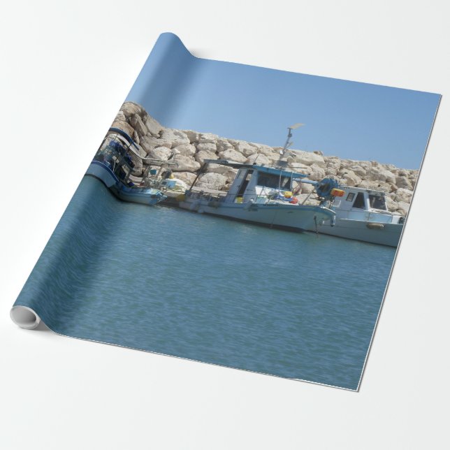 Papier Cadeau Bateaux de pêche méditerranéens en Blue Sea Design (Déroulé)