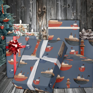 Papier Cadeau Bateaux et phares en bois peint