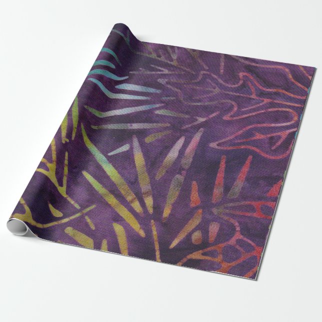 Papier Cadeau Batik Feuilles Tropicales Monnaie Candy rose viole (Déroulé)