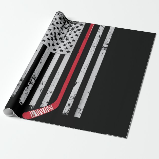 Papier Cadeau Bâton de hockey rouge drapeau américain Hockey USA (Déroulé)
