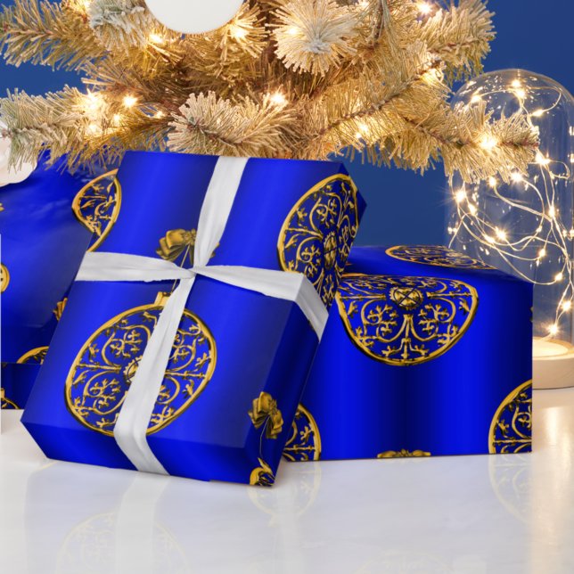 Papier Cadeau Baubles de Noël d'or en bleu (Créateur téléchargé)
