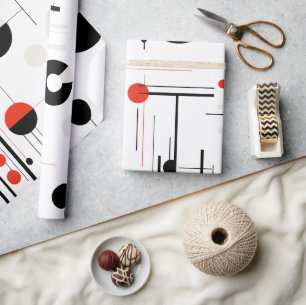 Papier Cadeau Bauhaus noir rouge formes géométriques sur blanc