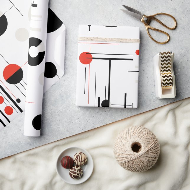 Papier Cadeau Bauhaus noir rouge formes géométriques sur blanc (Artisanat)