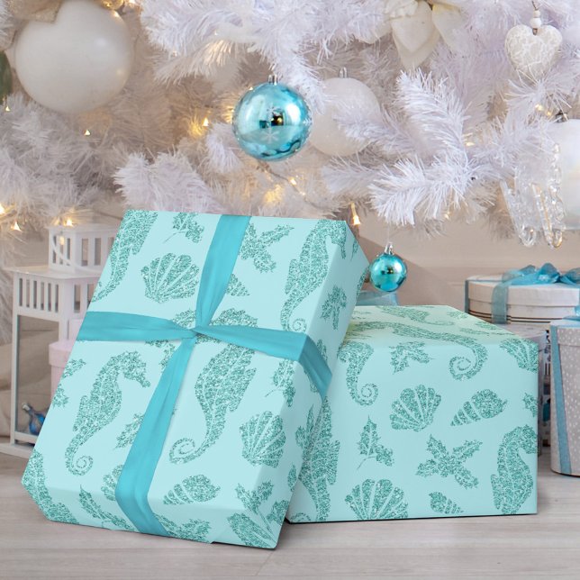 Papier Cadeau Beach Christmas Seahorse Motif Aqua Parties scinti (Créateur téléchargé)