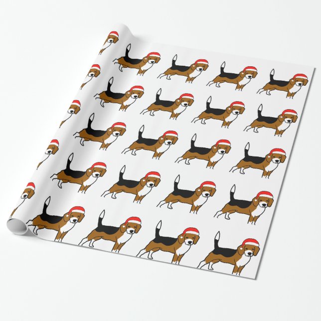 Papier Cadeau Beagle avec le casquette de Père Noël (Déroulé)