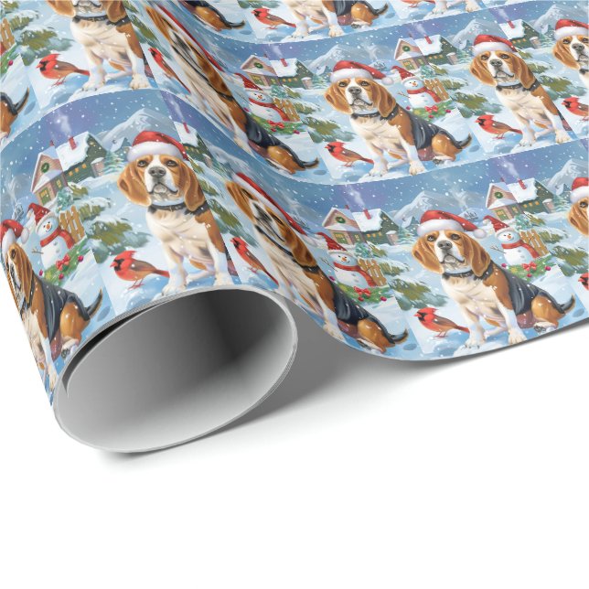 Papier Cadeau Beagle Chien Winter Wonderland Noël Joie (Coin rond)